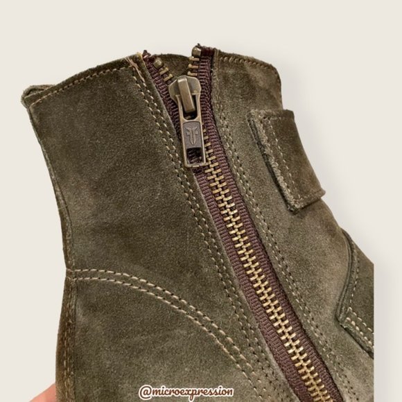 $399 Frye Sabrina Double Buckle Academia Green Suede Leather Moto Ankle Booties - Picture 13 of 15